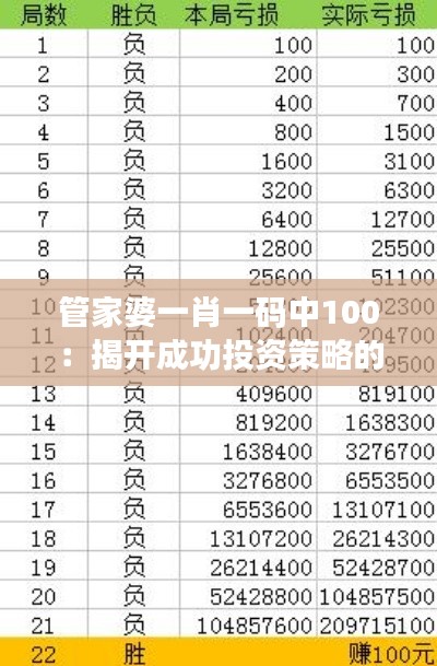 管家婆一肖一码中100：揭开成功投资策略的神秘面纱