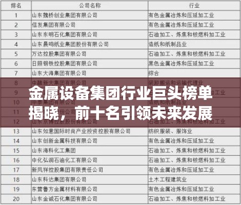 金属设备集团行业巨头榜单揭晓，前十名引领未来发展趋势