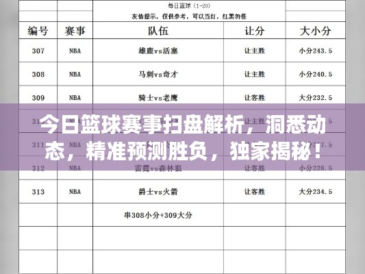 今日篮球赛事扫盘解析，洞悉动态，精准预测胜负，独家揭秘！